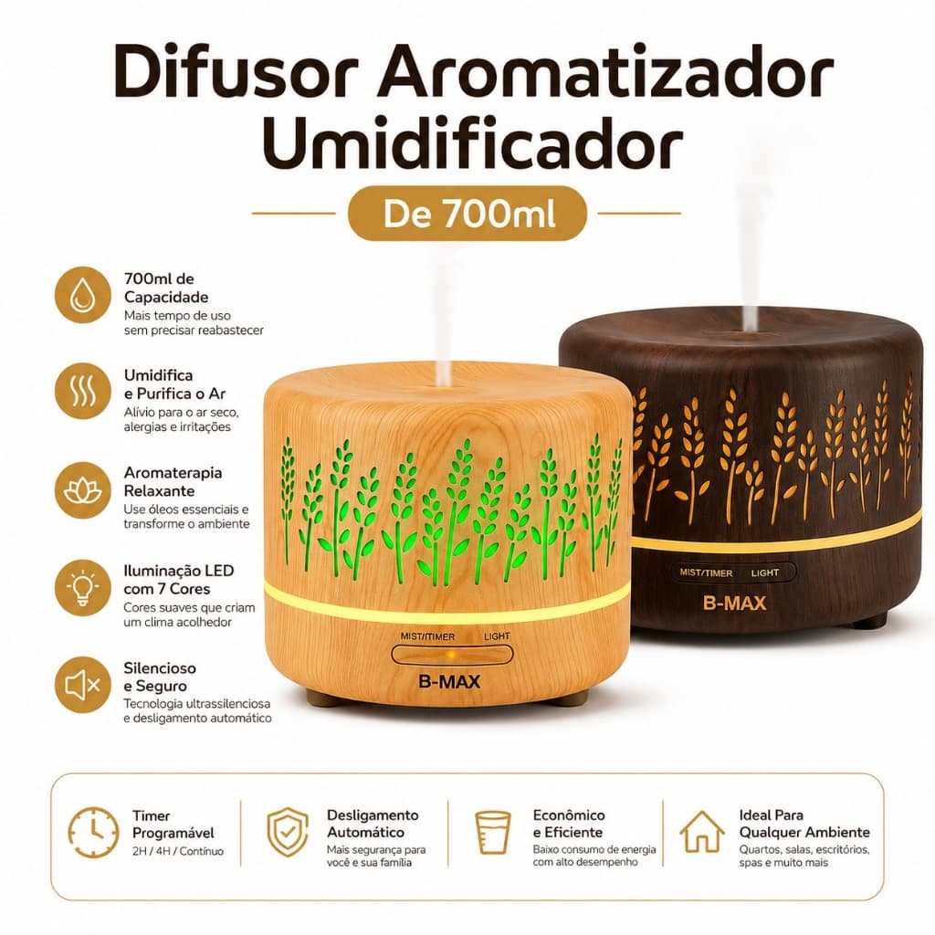 Difusor Aromatizador Umidificador 700ml Ultrassônico LED 7 Cores Controle Remoto