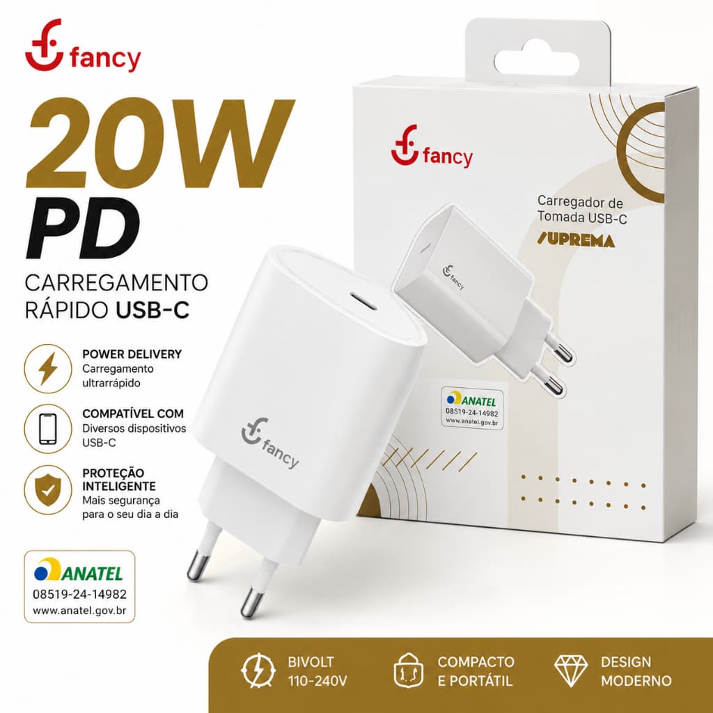 Carregador Turbo USB-C 20W PD Fancy Original Fonte Carregamento Rápido