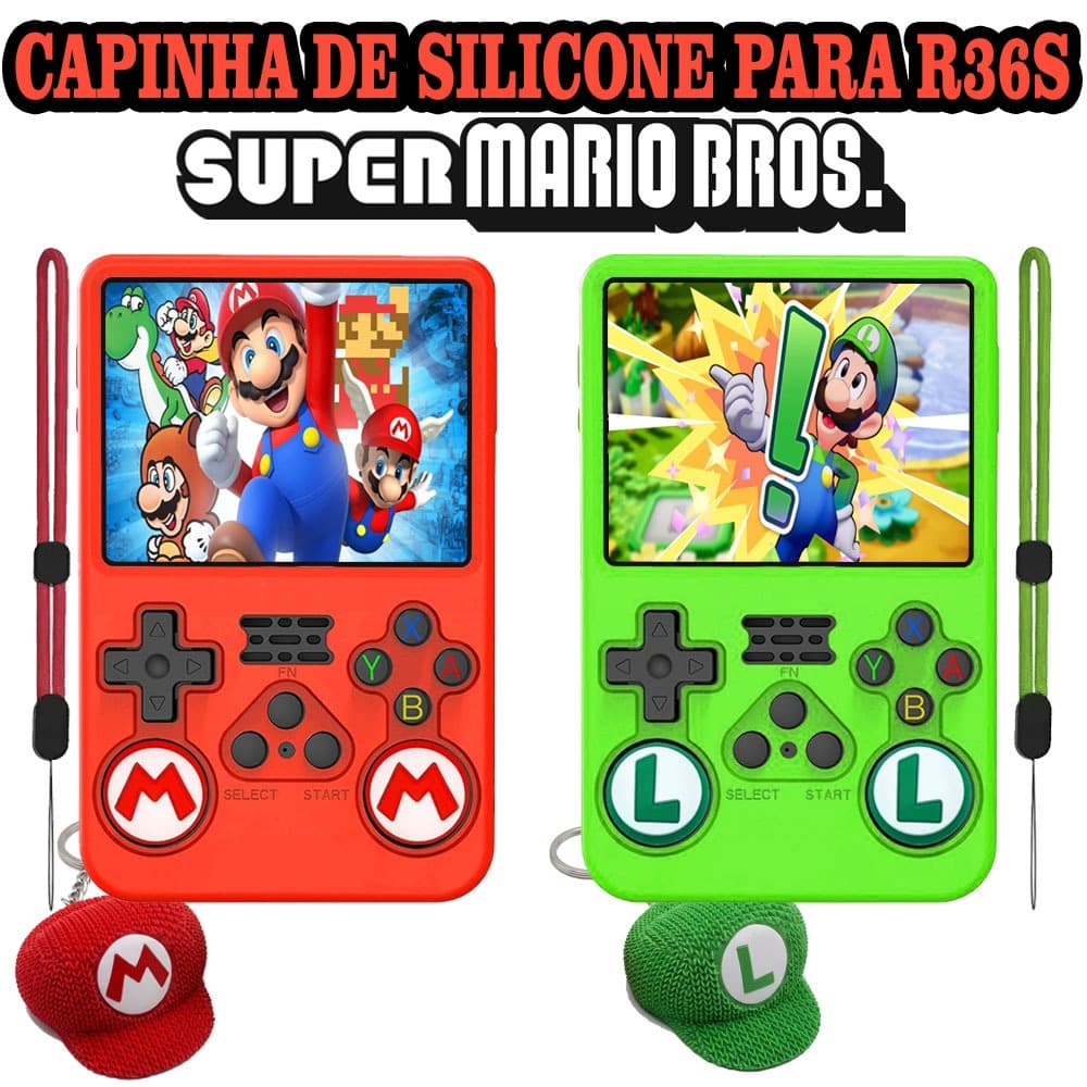Capinha de Silicone para R36S Super Mario Bros Mario e Luigi - Kit com Pelicula Grips Chaveiros