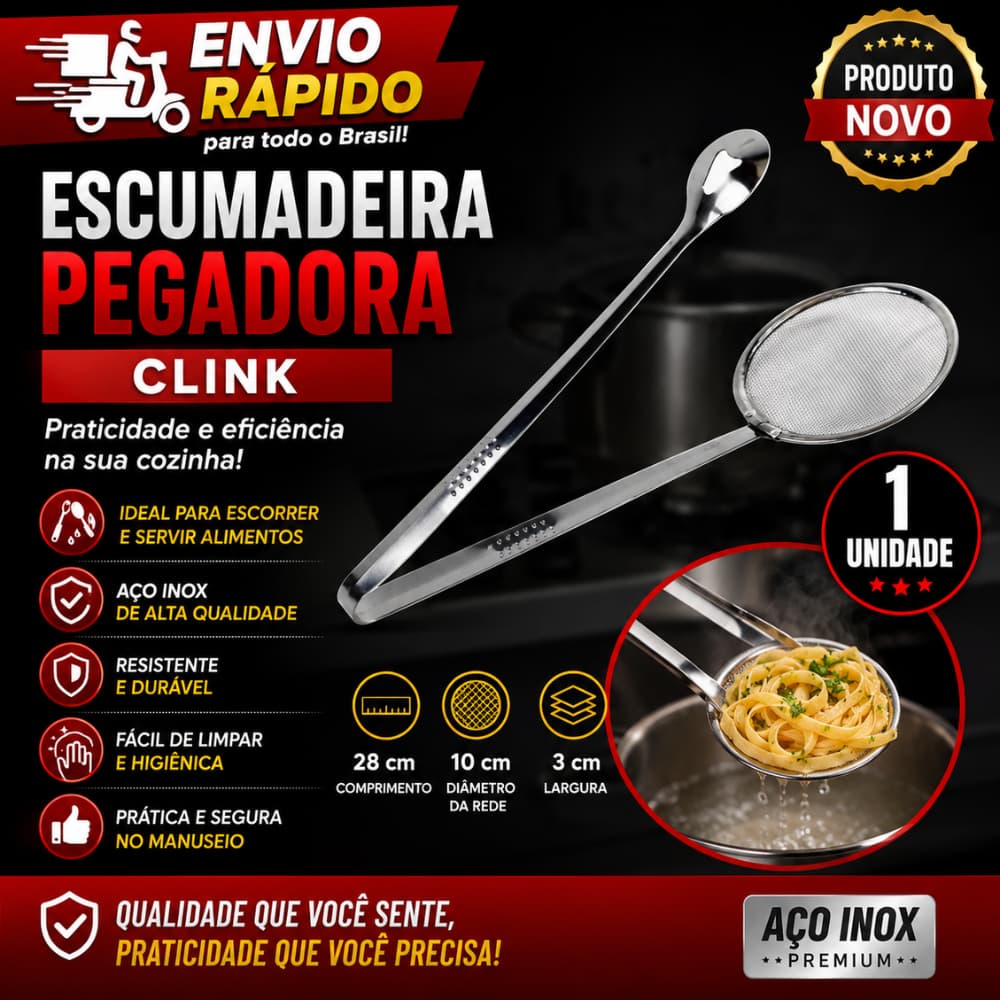 1 Unidade de Escumadeira Pegadora Clink 28cm x 10cm x 3cm em Aço Inox ideal para escorrer e servir