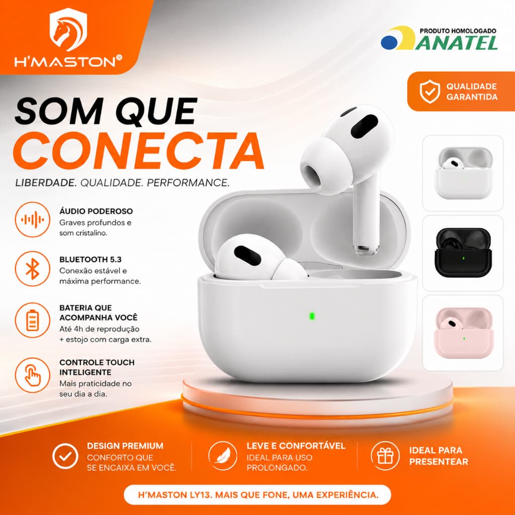 Fone Bluetooth TWS Sem Fio Compatível com Android e iPhone com Case Carregador