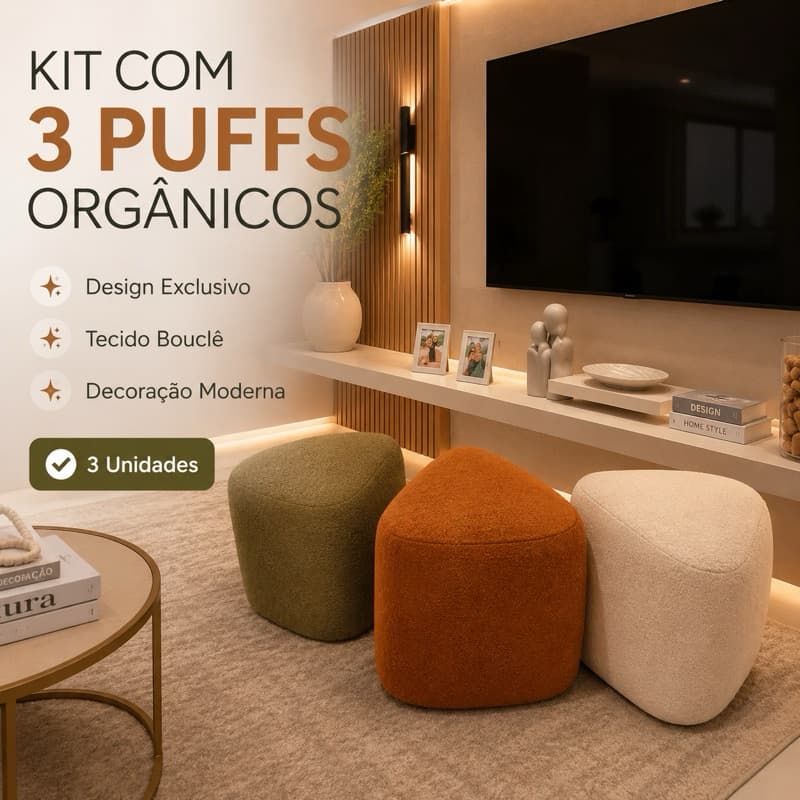 Kit 3 Puffs Orgânicos Decorativos Bouclê Premium Bege Terracota Verde Sala Quarto