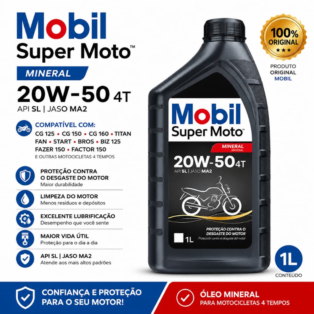 Oleo Mobil Mineral 20w50 4T 1 Litro Super Moto Original