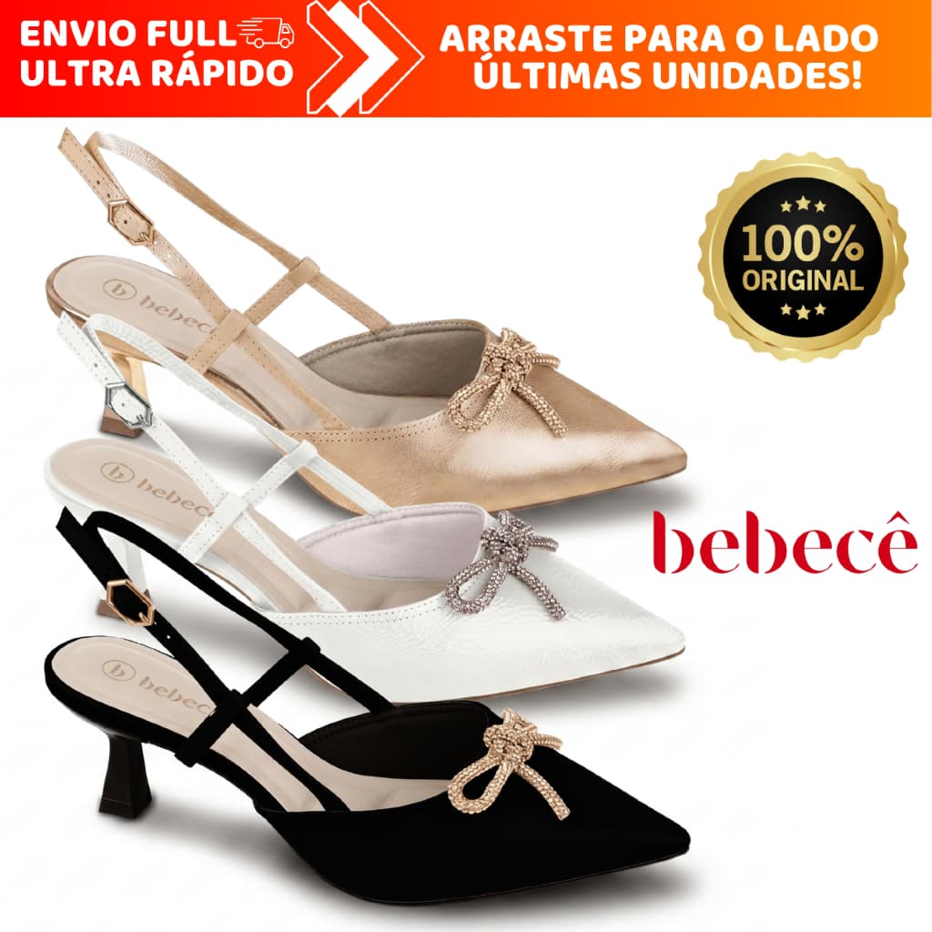 Scarpin Feminino Bebecê Salto Baixo Estilo Taça Slingback Brilho Elegante Original