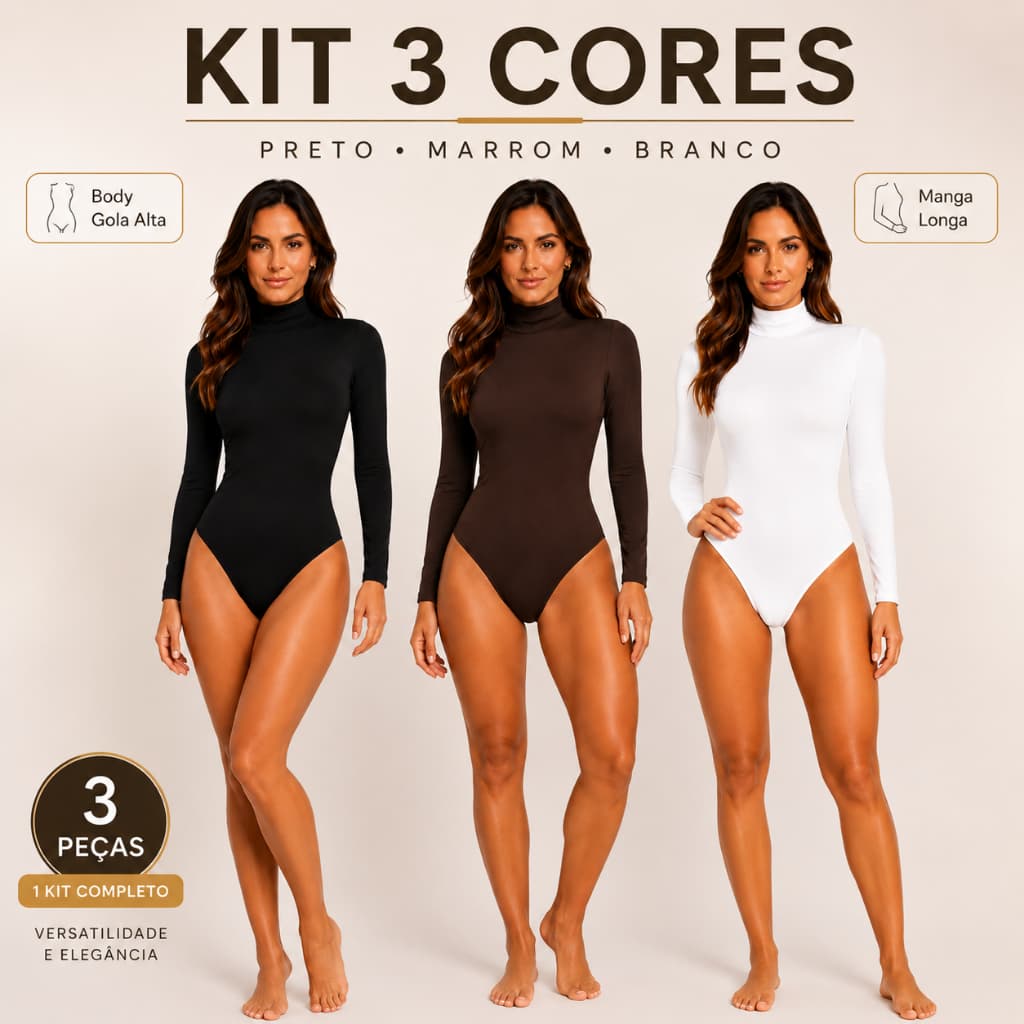 Body Feminino Básico Chic Gola Alta — 1 Unidade Kit 2 e Kit 3 com Mais Economia - Zero Transparencia