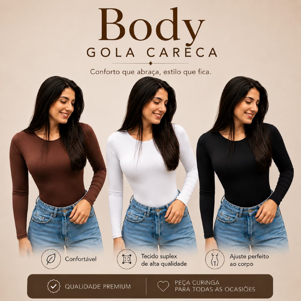 Body Manga Longa Gola Careca Tamanho Único Veste P M G Suplex Premium Preto Branco Marrom Ajustado