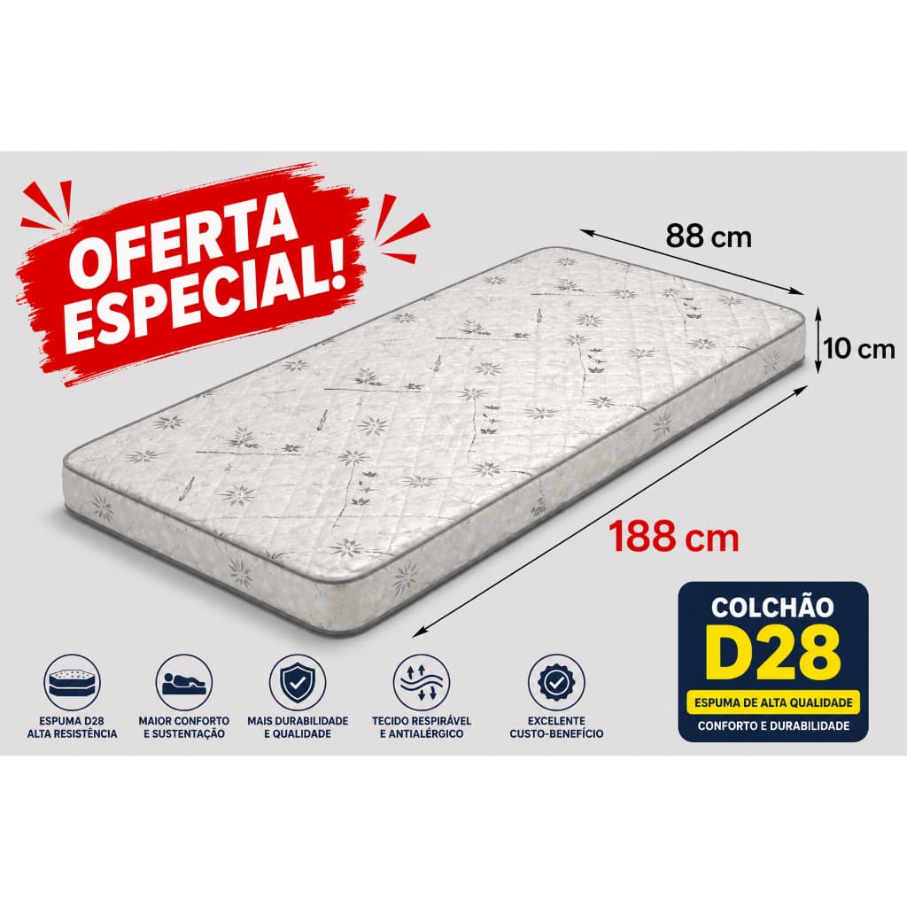 Colchão 188x88x10 d28 tamanho solteiro-envio imediato