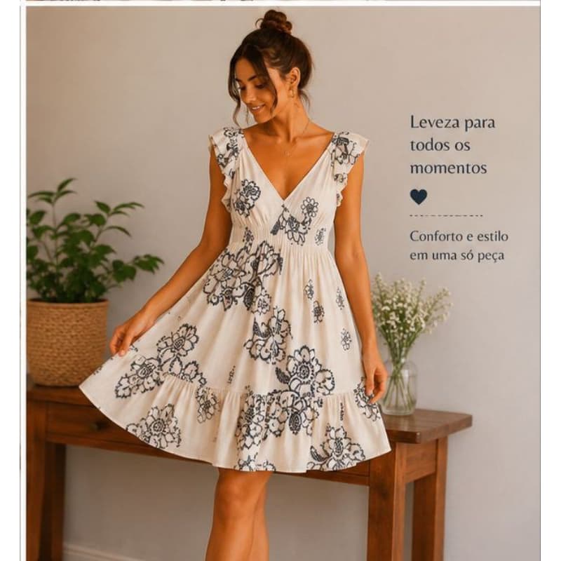 Vestido Curto Floral Feminino Azul Marinho Decote V Laço nas Costas Viscose e Linho