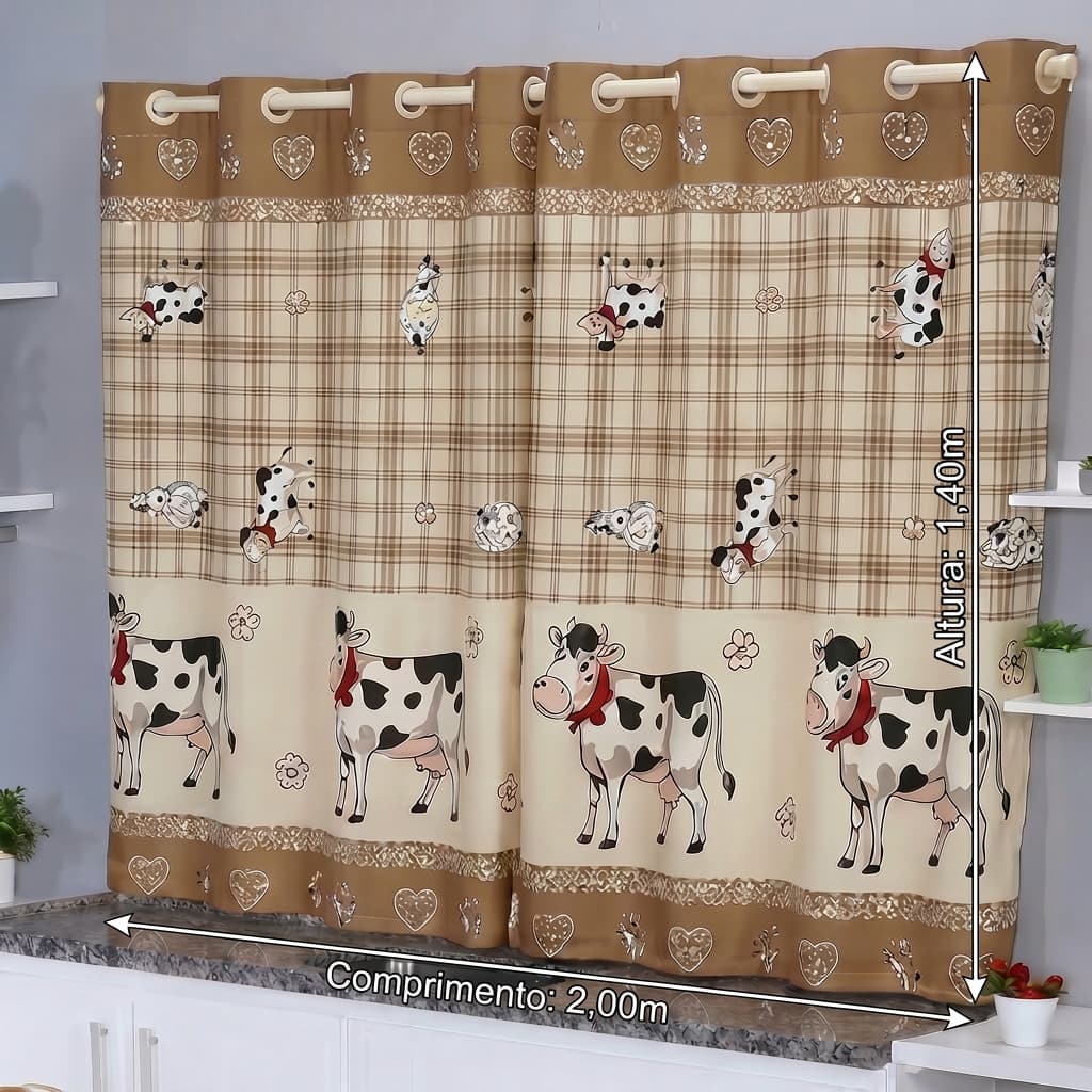 Cortina de Cozinha Oxford Estampada 2,00x1,40 p/ Varão com Ilhós Lavável