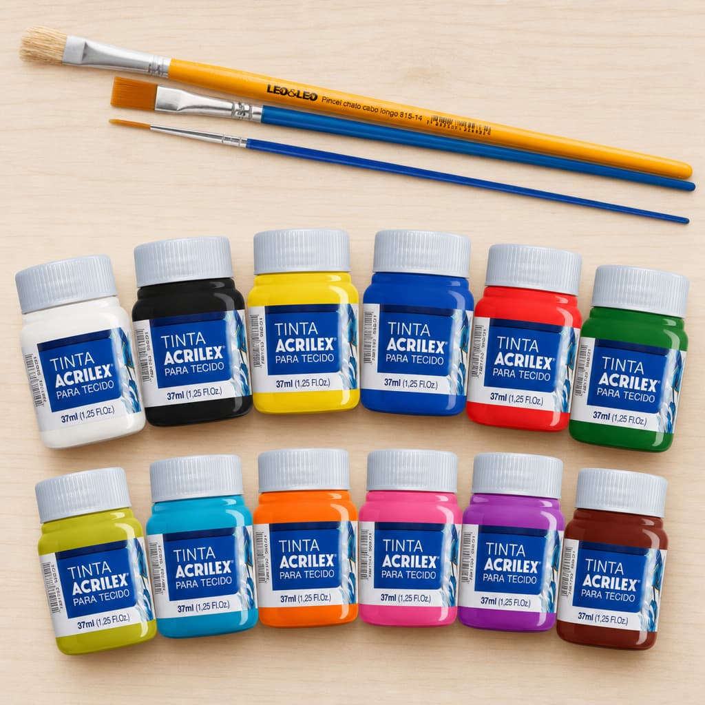Kit Tinta Tecido Acrilex 12 Cores com 3 Pincéis Artesanato Pintura em Pano de Prato Camisetas ou Telas de Algodão