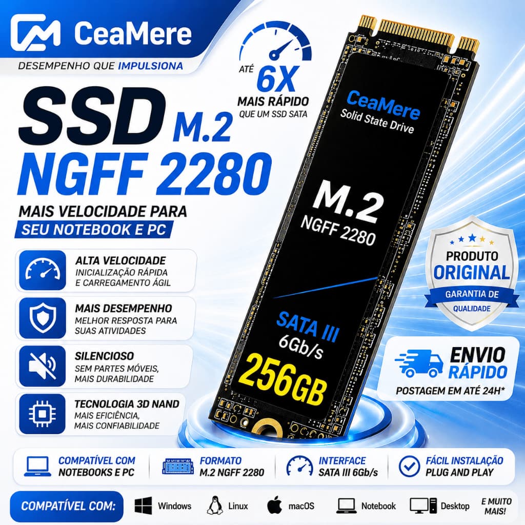 SSD M.2 NGFF 256GB SATA III 2280 Original Alta Velocidade Para Notebook e Desktop