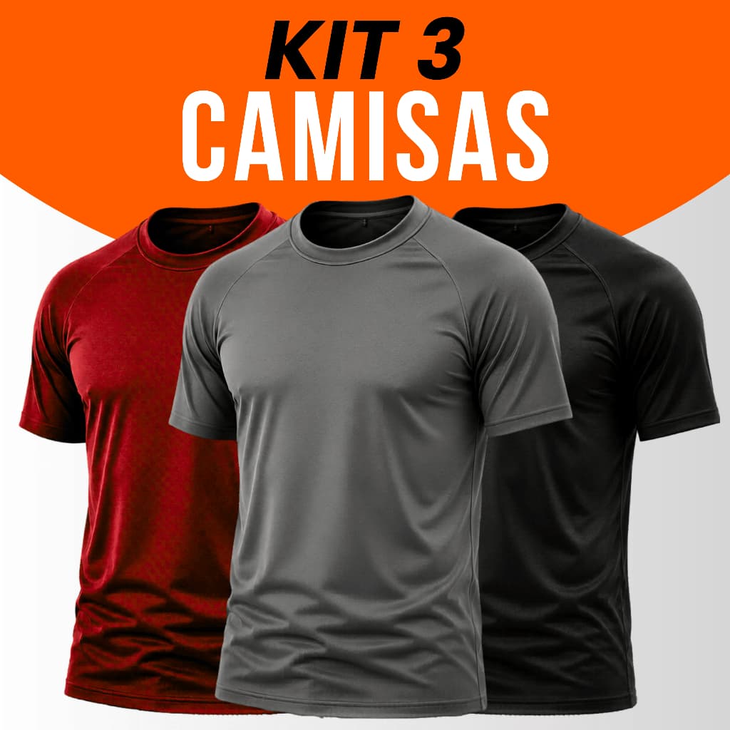 Kit 3 Camisetas Masculinas Dry Fit Poliéster Manga Curta Academia Treino Corrida Fitness Esporte