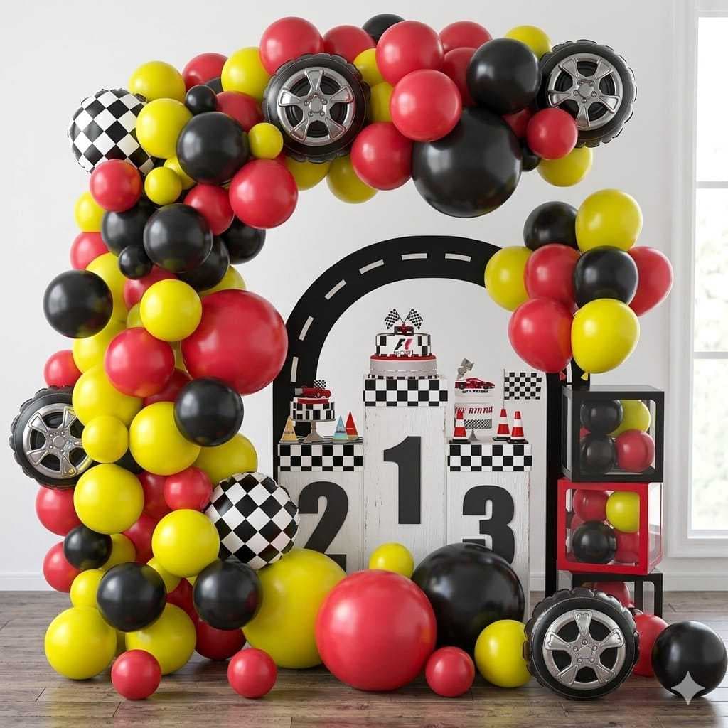 Kit Carros 111 Balões Arco Desconstruído Balões carro formato de pneu vermelho amarelo e preto