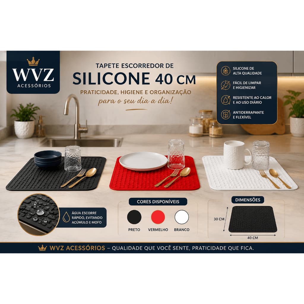 Tapete Escorredor Silicone 40cm Antiderrapante Secagem Rápida Preto Vermelho Branco Cozinha