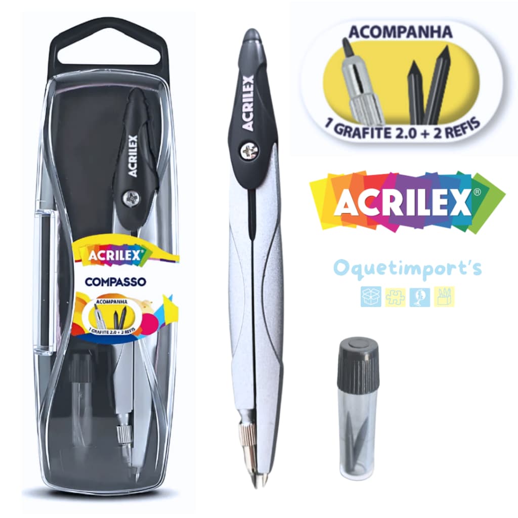 Compasso Metálico 12cm Acrilex Escolar Com Estojo Grafite 2.0 + Refil Multiuso Diversas Cores