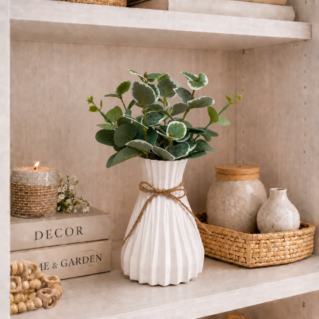 DV Vaso Plástico Decorativo Branco com Laço e Buquê de Mini Flor Colorida Permanente Para casa Decor