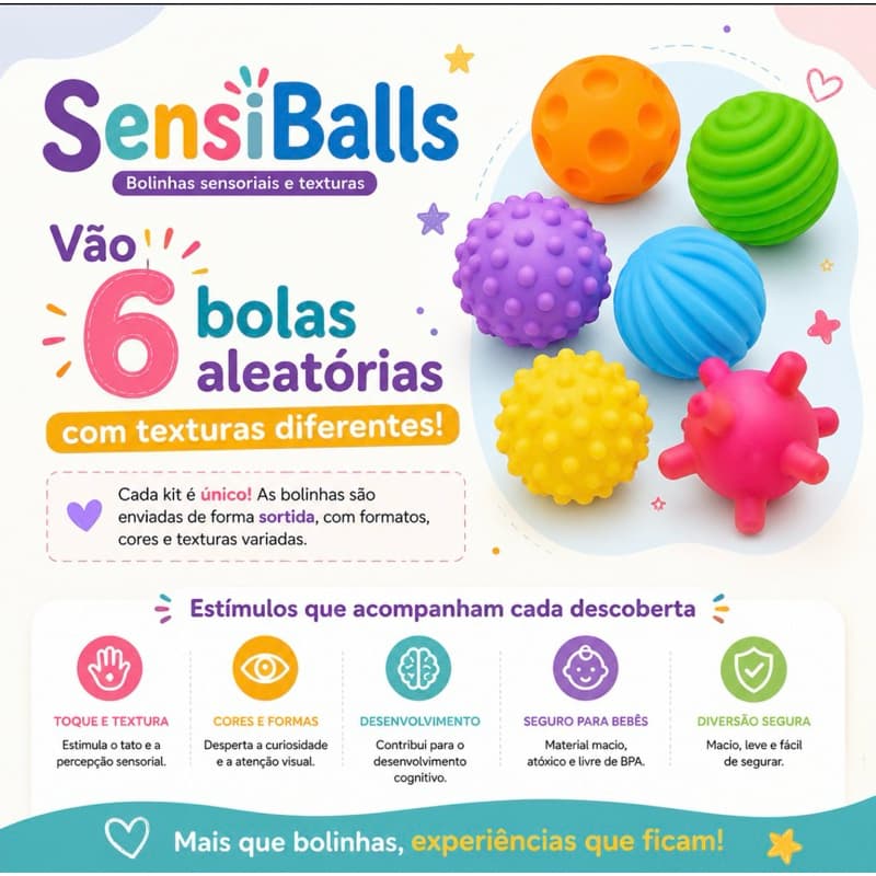 Kit 6 Bolas  Sensoriais para Bebê  Bolinhas Táctil  Texturizadas  Coloridas Montessori +6 Meses Desenvolvimento do Bebê