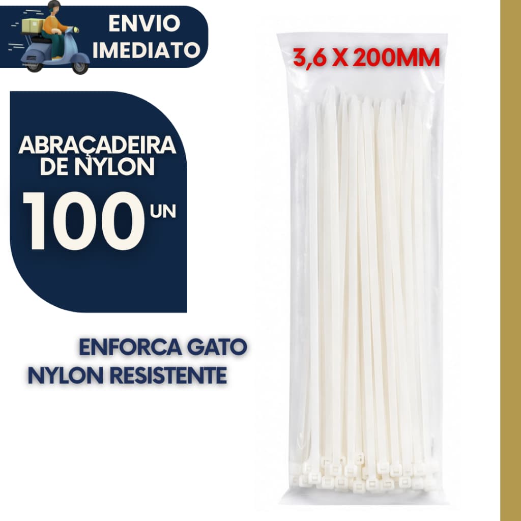 Kit 100 Abraçadeira de Nylon Resistente 3,6x200mm Branca Cinta Plástica p Organização p/ Fios