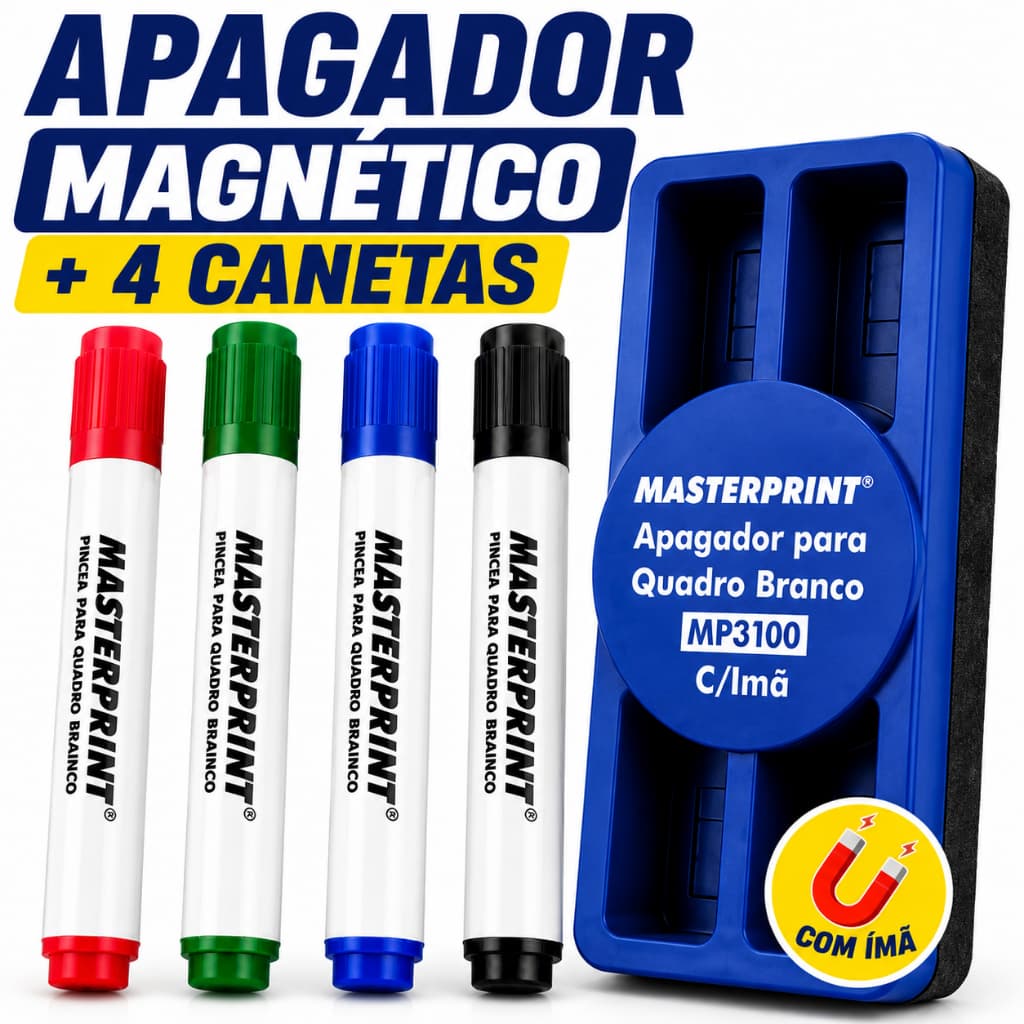 Kit Caneta Quadro Branco 4 Cores + Apagador Magnético