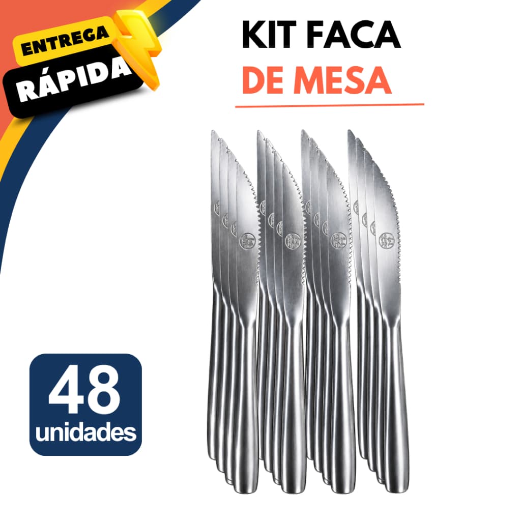Kit 12/24/48 Facas de Mesa Aço Inox Serrilhada Talher Refeição Churrasco Cozinha Restaurante