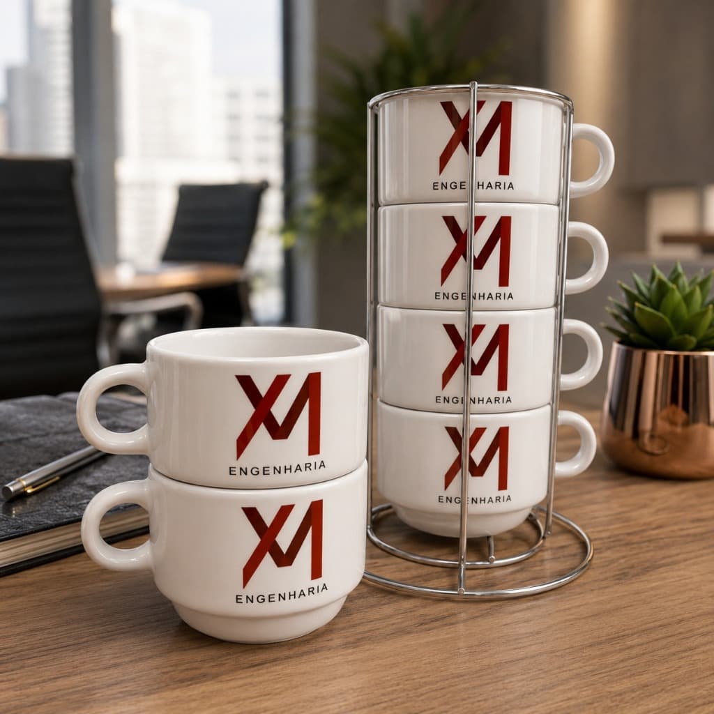 Jogo de Canecas Personalizadas com Suporte Presente Empresa Clínica e Salão Logo Oferta