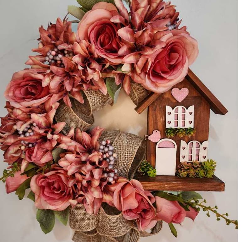 Guirlanda Floral Com Casinha  Adorno Parede  Gra Decorações flores outonadas