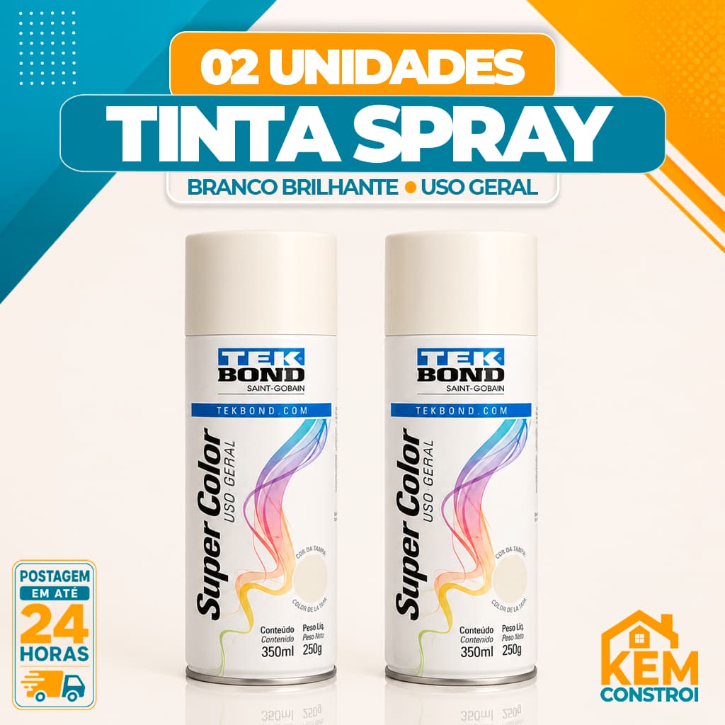 Kit 02 Tinta Spray Tekbond Uso Geral 350ML Branco Brilhante Secagem Rápida Alta Performance