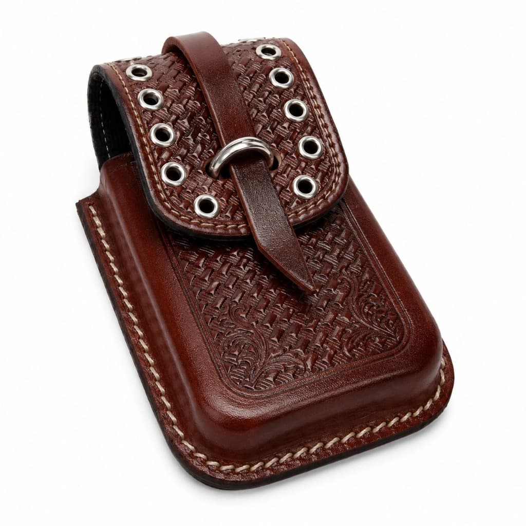 Capa para Celular Couro Legítimo Forrada Boradada Com Viróla e Lhós (Castor)