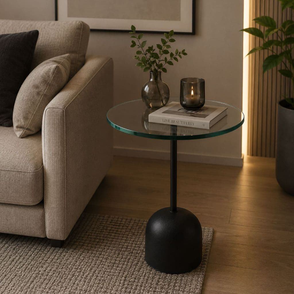 Mesa Lateral Vidro Madeira Maciça Moderna Preta