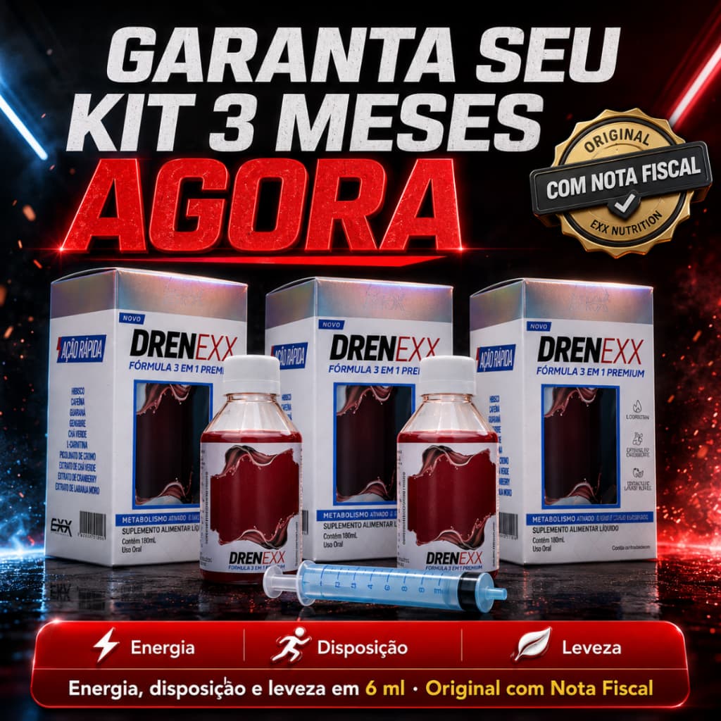 Kit com 3 Drenexx Termogênico Líquido Energia e Disposição Pré-Treino Reduz Medidas