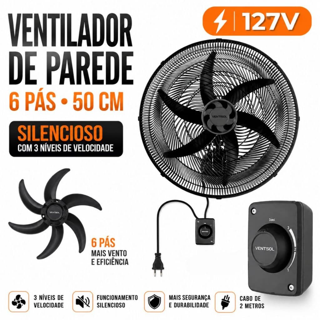 Ventilador Turbo Parede 110v Comércio Ventisol Monta Fácil Silencioso 6 Pás 50cm Preto 127v Escola