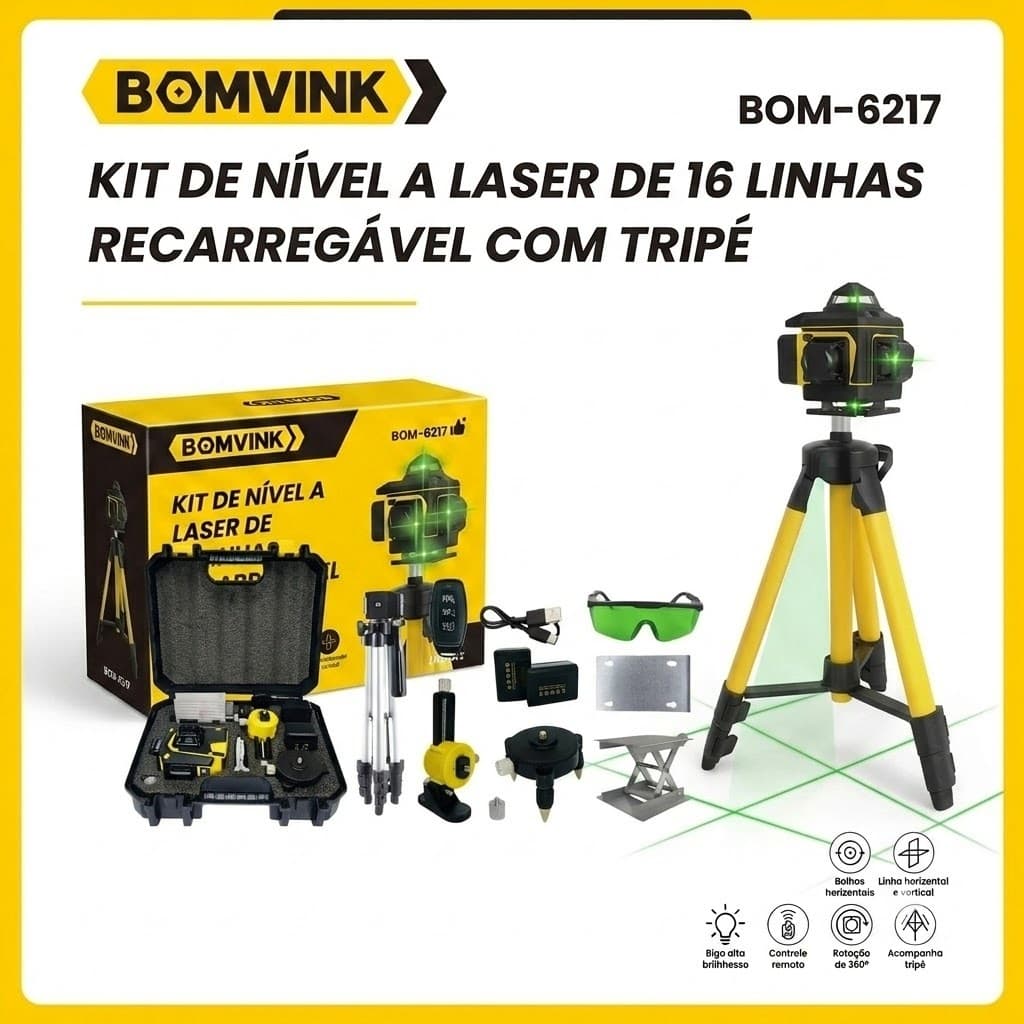 Kit Nível Laser digital16 Linhas  Bomvink Recarregável com 2 baterias controle  Tripé com maleta