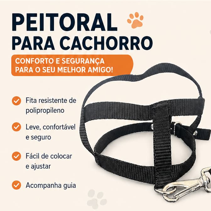Peitoral Para Cachorro Ajustável + Guia Resistente Polipropileno P/M/G | Preto Azul Rosa Vermelho