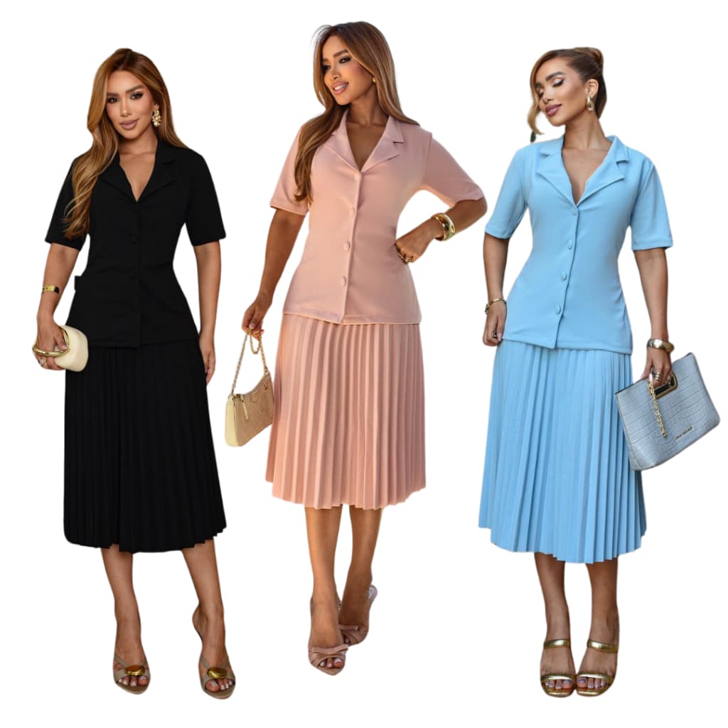 CONJUNTO FEMININO ELEGANTE MANGA CURTA BOTÔES E SAIA MIDI