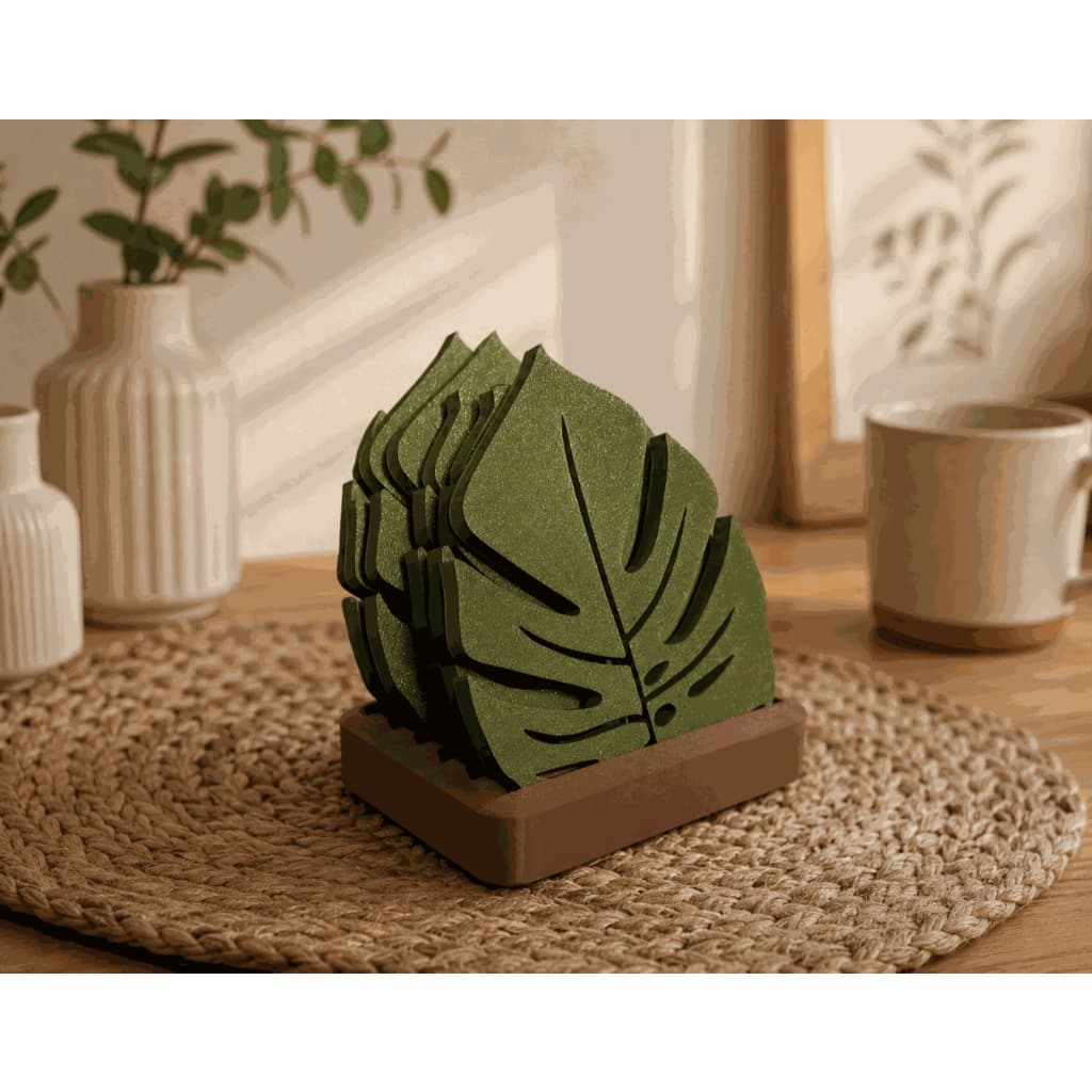 Kit 6 Porta Copos Folha Costela de Adão + Suporte Organizador Decorativo | Protege e Decora Sua Mesa