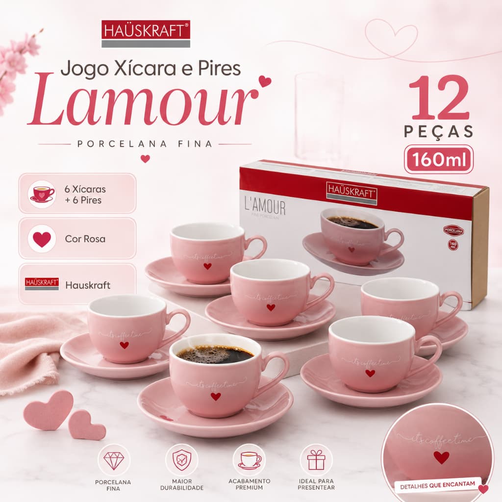 Jogo Xícara e Pires Porcelana 12 Peças 160ml Rosa Lamour Hauskraft