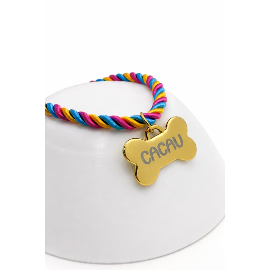 Coleira Pet Luxo Cachorro Com Pingente Osso Ouro Personalizada Tag Identificação Nome Cão e Tutor