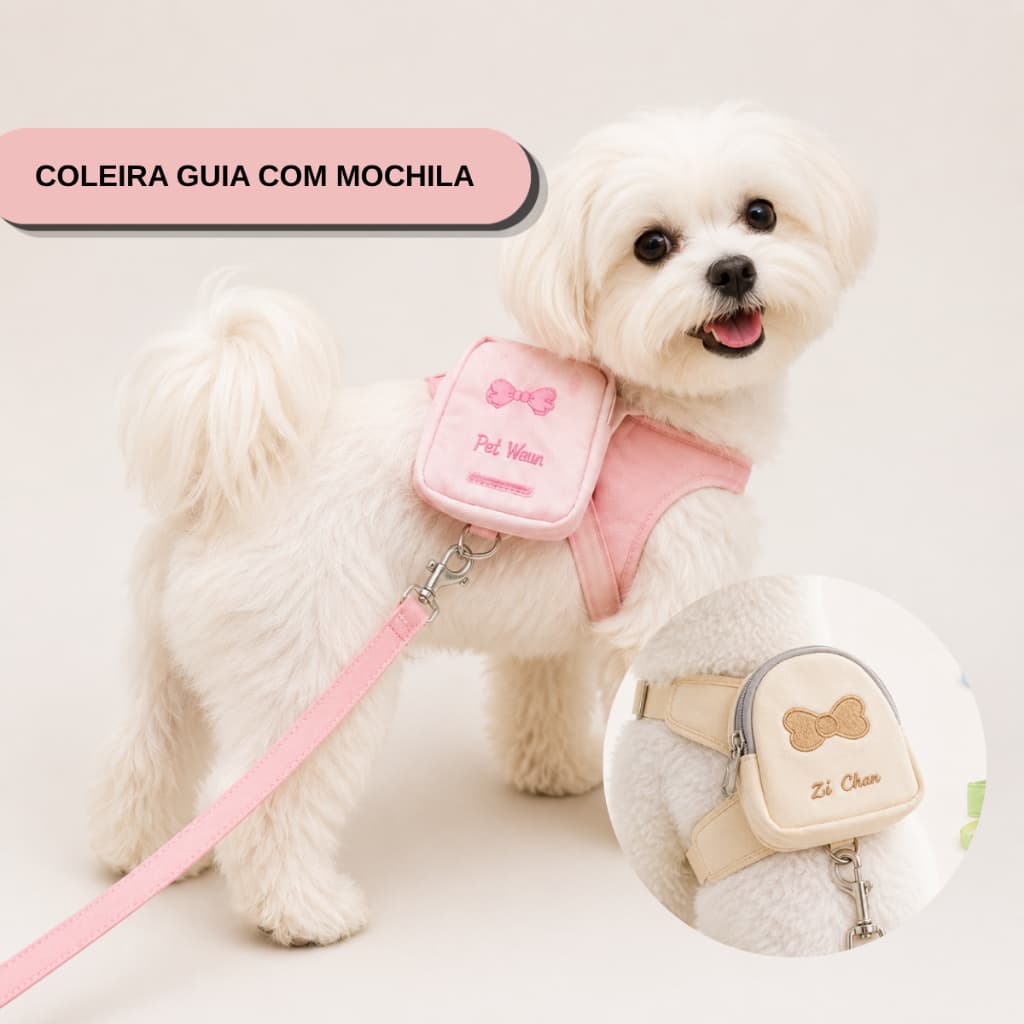 Coleira Guia Com Mochila Pet Cachorro Gato Peitoral