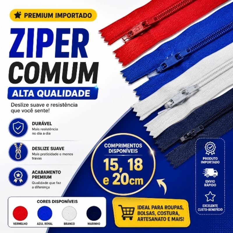 Zíper Comum Premium Importado Alta Resistência 15cm 18cm 20cm Várias Cores