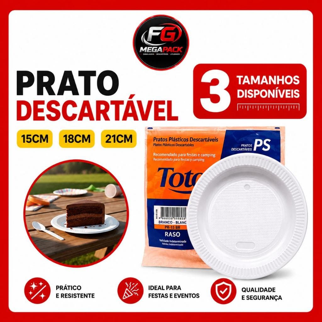 Prato Descartável Totalplast Refeição Festa Aniversário Resistente Branco