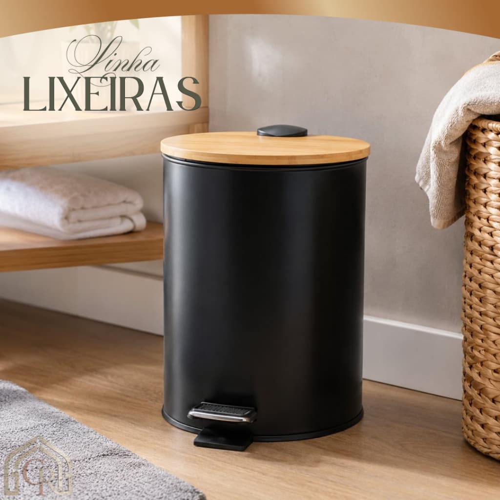 Lixeira Pedal Tampa Bambu Capacidade 5 Litros Design Moderno Sustentável Preta