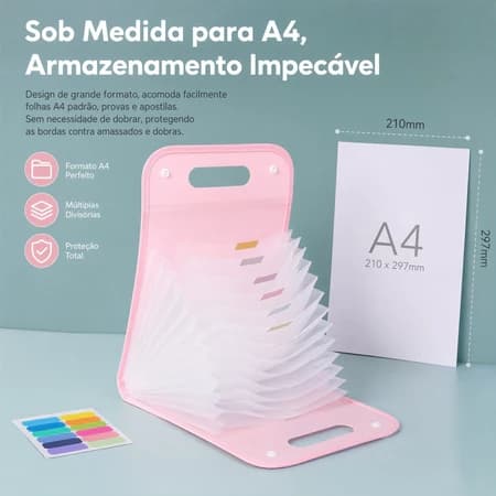 Pasta Sanfonada A4 12 Divisórias Organizadora de Documentos Expansível Cores Rosa Branco Azul Verde
