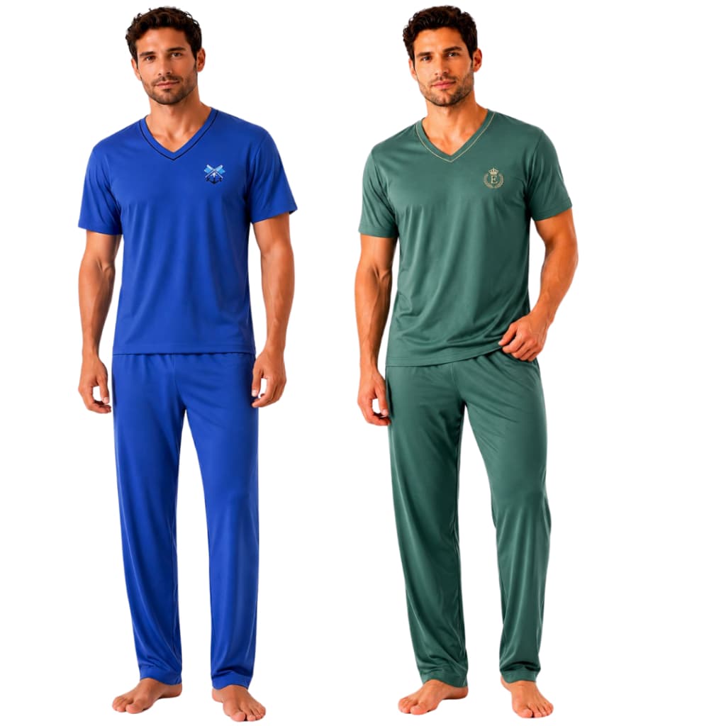 Pijama Masculino Liso Meia Estação Manga Longa Gola V Confortável Adulto Premium