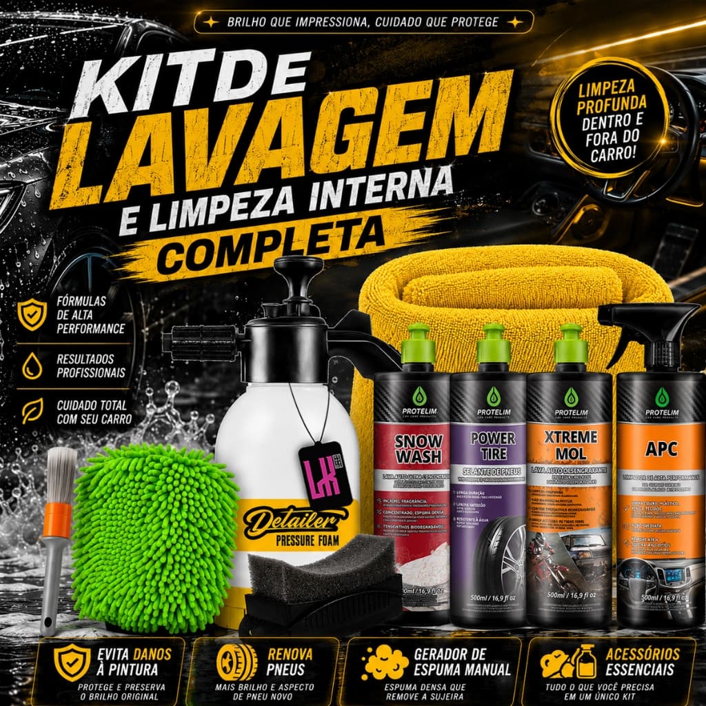 Kit Completo para Lavar Carro Pulverizador Shampoo Snow Wash Xtreme Mol Pretinho Power Tire Apc Limpeza