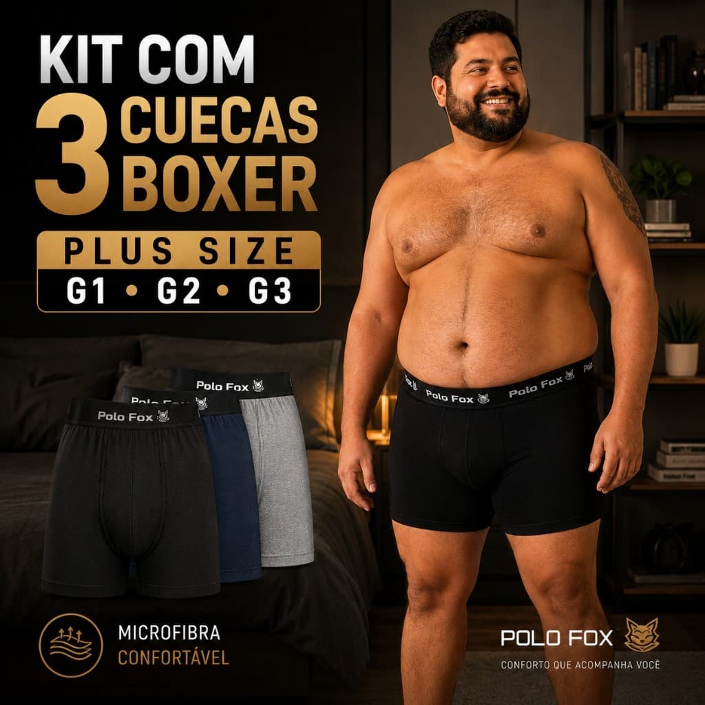 Kit 3 Cuecas Boxer Plus Size Polo Fox Masculina G1 G2 G3 Extra Grande Confortável
