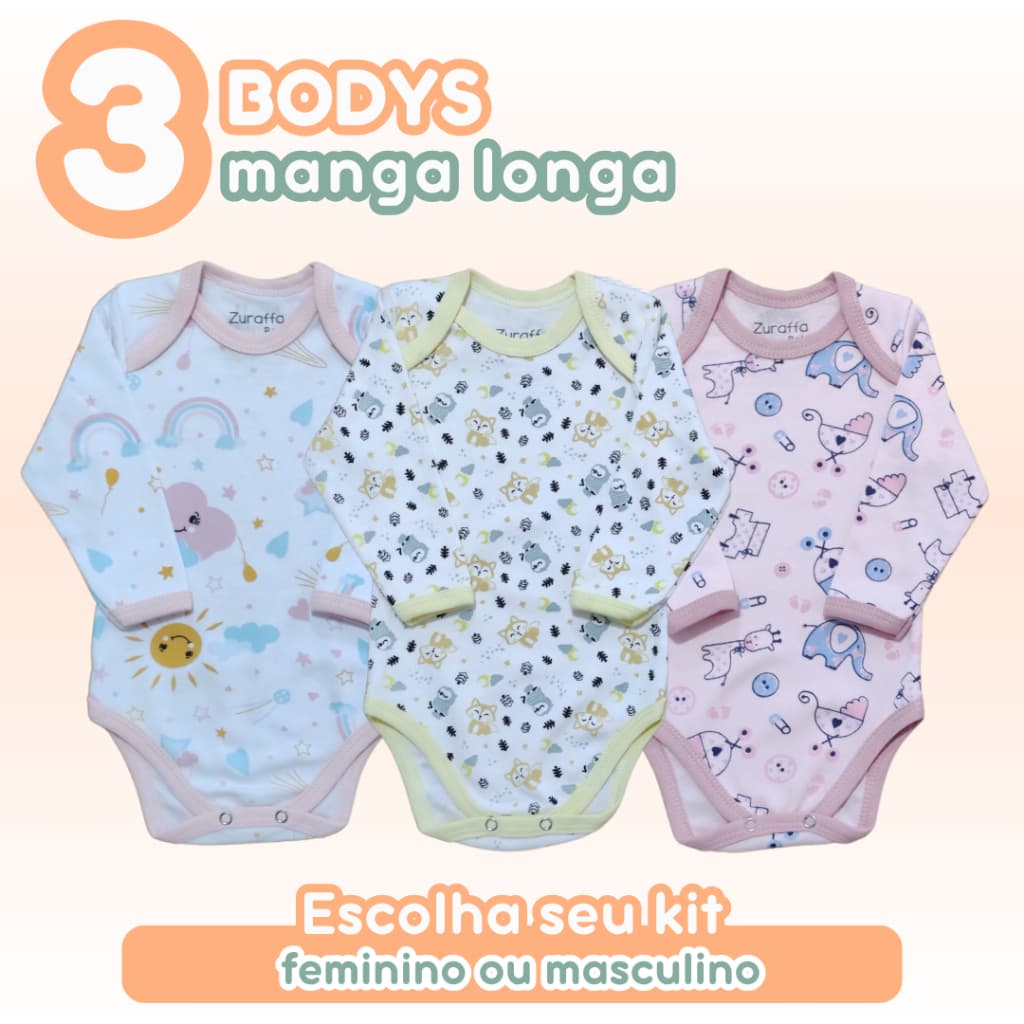 Kit 3 Bodys Bebê Algodão Manga Longa Estampado Gola Envelope Feminino Masculino Verão Meia Estação Zuraffa Baby
