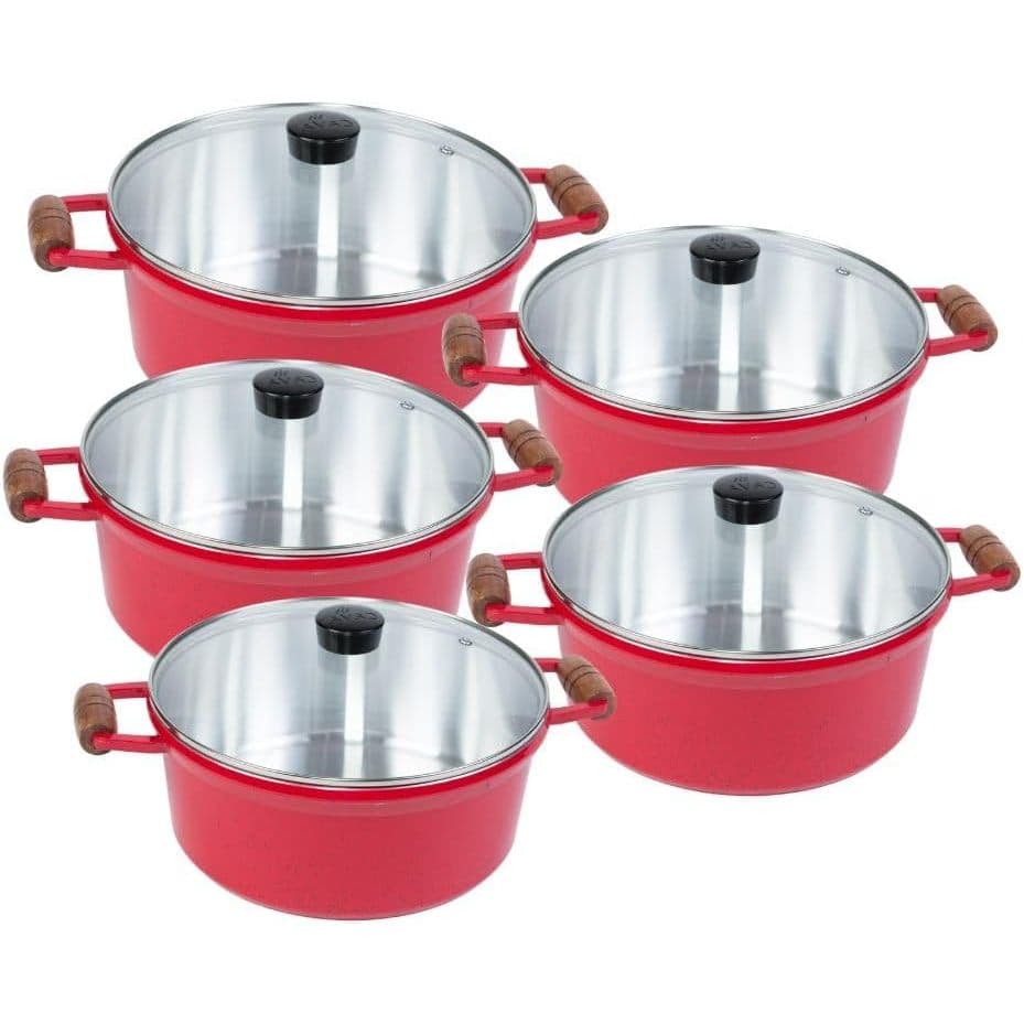 Jogo Panela Tampa Vidro Aluminio Batido Esmaltada Cava Bem Acabado Com Cabo De Madeira 16 ao 24