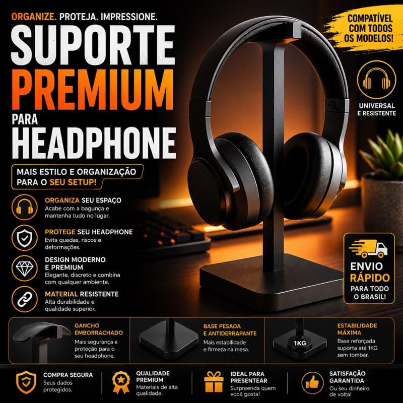 Suporte para Headphone Premium Mesa Gamer Fone de Ouvido Universal Antiderrapante