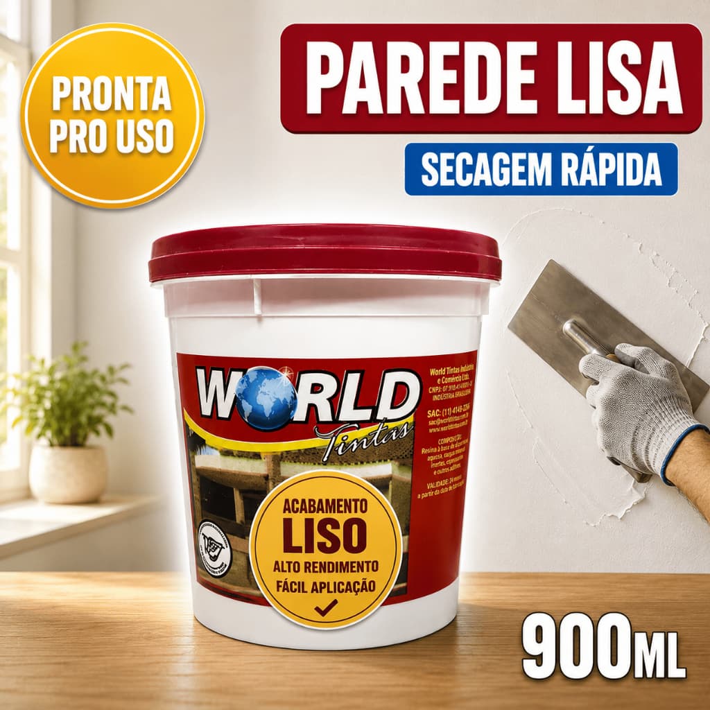 Massa Corrida PVA Parede Interna 900ml World Secagem Rápida Acabamento Pintura