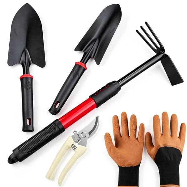 Kit Jardinagem 5 Peças de Alta Qualidade Com Enxadinha XGG, Pá Grande, Pá Estreita, Alicade de Poda e Luva Confortável